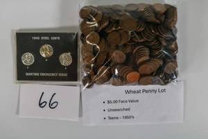 lot 66 image: Wheat Penny Lot Unsearched Teens-50s $5.00 (Qty 500) Face Value with 3 Steel Pennies Set