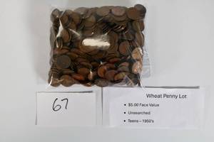 lot 67 image: Wheat Penny Lot Unsearched Teens-50s $5.00 (Qty 500) Face Value