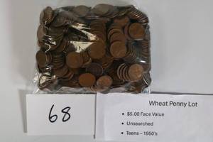 lot 68 image: Wheat Penny Lot Unsearched Teens-50s $5.00 (Qty 500) Face Value