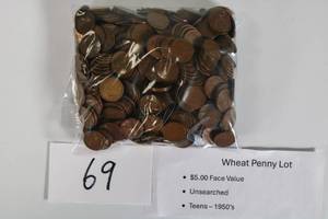 lot 69 image: Wheat Penny Lot Unsearched Teens-50s $5.00 (Qty 500) Face Value