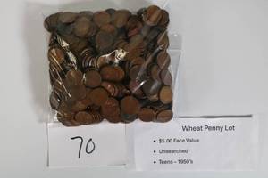 lot 70 image: Wheat Penny Lot Unsearched Teens-50s $5.00 (Qty 500) Face Value