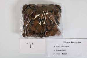 lot 71 image: Wheat Penny Lot Unsearched Teens-50s $5.00 (Qty 500) Face Value