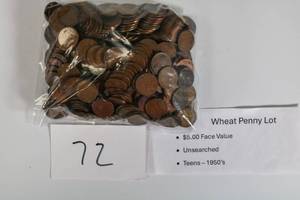 lot 72 image: Wheat Penny Lot Unsearched Teens-50s $5.00 (Qty 500) Face Value