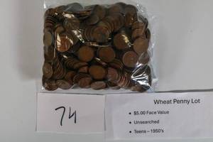 lot 74 image: Wheat Penny Lot Unsearched Teens-50s $5.00 (Qty 500) Face Value