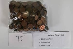 lot 75 image: Wheat Penny Lot Unsearched Teens-50s $5.00 (Qty 500) Face Value