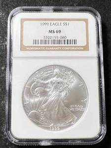 lot 45 image: 1999 AMERICAN SILVER EAGLE NGC MS69