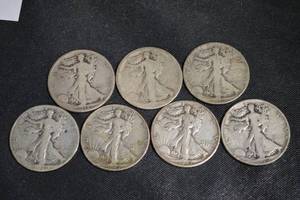 lot 41 image: Walking Liberty Half Dollars - 7 Coins - 90% Silver - 1916-1947