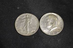 lot 48 image: Kennedy Half Dollar 1964 And walking Liberty Half