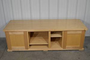 lot 83 image: Wooden Console Cabinet - 69.5 in L x 24.25 in D x 21.75 in H - Central Shelves, End Cabinets