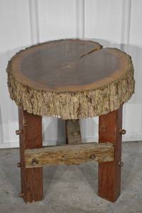 lot 87 image: Tree Stump Stool With Bark Edge On Rustic Wood Stand - 22 in Dia x 26 in H