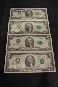 lot 105 image: United States Two Dollar Bills (Lot of 4) Series 2003 - Consecutive Serial Numbers
