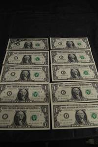 lot 106 image: US One Dollar Notes - 10 Consecutive Serial Numbers (I63443401B to I63443410B)
