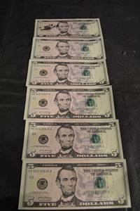 lot 107 image: Six Consecutive U.S. Five-Dollar Federal Reserve Notes (2017A Series)