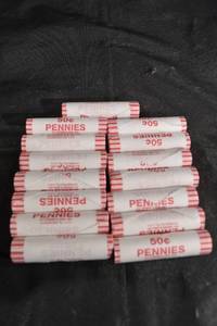 lot 109 image: 15 Rolls of 2025 Pennies - 50 Coins per Roll, Copper US Currency (new)