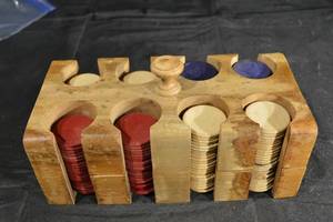 lot 115 image: 1930s Wooden 5-Column Disc Sorter with Red Beige Blue Tokens - Vintage