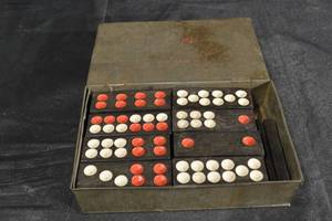 lot 116 image: 1880s Vintage Domino Set in Metal Box - Dark Wood Tiles with Red and White Pips