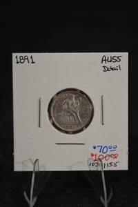 lot 152 image: 1891 Seated Liberty Dime AU55 Detail Coin - 2x2 Holder