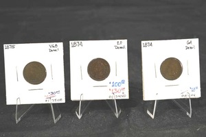 lot 169 image: 1874-1875 US Copper Cent - 3 Coins in 2x2 Holders