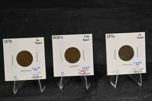 lot 170 image: Indian Head Pennys 1876, 1878, 1908-S (Lot of 3) G Details