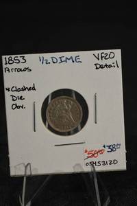 lot 172 image: 1853 Arrows Half Dime - VF20 Detail, Clashed Die