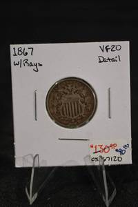 lot 177 image: United States Shield Nickel 1867 - 5 Cents VF20 Detail