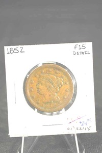 lot 186 image: 1852 U.S. Large Cent (Braided Hair) - One Cent, Copper