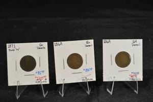 lot 189 image: Indian Head Pennys 1871 US Cent Bold N - 1869 US Cent (G & Details) - 1869 US Cent (G4 Detail)