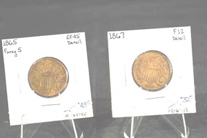 lot 190 image: 1865 & 1867 Shield Nickels - EF45 Detail, F12 Detail (Lot of 2)