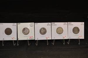 lot 216 image: V-Nickel Lot Of 5 - 1912, 1889, 1884, (2) 1883 (With & No Cents) VFEF Detail