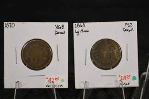 lot 217 image: US Large Cent Pair 1870 VG8 Detail & 1864 Large Motto (Lot of 2)