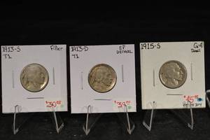 lot 221 image: Buffalo Nickels 1913-S, 1913-D & 1915-S (Lot of 3)