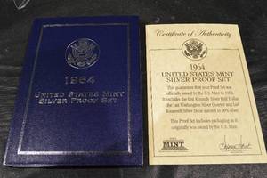 lot 236 image: 1964 United States Mint Silver Proof Set - 90% Silver with COA in Blue Folder