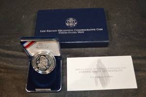 lot 266 image: Leif Ericson Millennium Commemorative Coin - United States Mint 2000 Silver Dollar