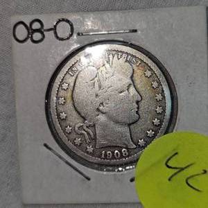 lot 42 image: 1908 O Barber Silver Quarter 25c