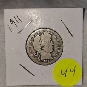 lot 44 image: 1911 O Barber Silver Quarter 25c