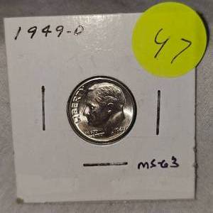 lot 47 image: 1949 D Roosevelt Dime 10c MS63