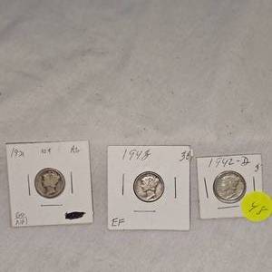 lot 48 image: 1942 D, 1943,1921 Mercury Dime 10c