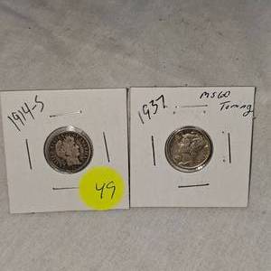lot 49 image: 1914 S Barber, 1937 MS60 Mercury Dime 10c