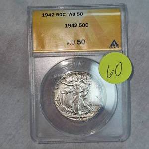 lot 60 image: 1942 ANACS AU50 Walking Liberty Half 50c