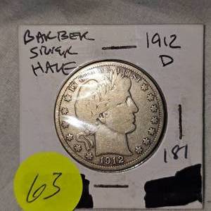 lot 63 image: 1912 D Barber Half Dollar 50c
