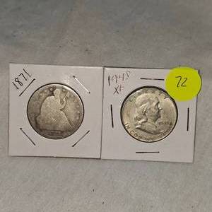 lot 72 image: 1948 Franklin XF and 1871 Liberty Seated Halfs 50c