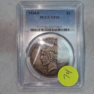 lot 74 image: 1934 S PCGS VF20 Peace Dollar $1