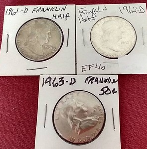 lot 69 image: (3) Franklin Half Dollars - 1961-D1962-D1963-D