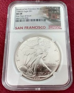 lot 77 image: 1986(S) American 1 oz Silver Eagle NGC MS68 - First Year