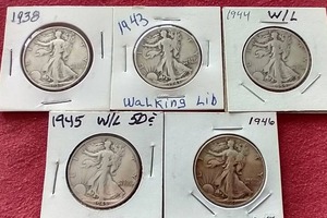 lot 138 image: (5) Walking Liberty Half Dollars
