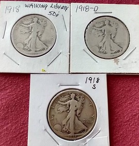 lot 205 image: (3) Walking Liberty Half Dollars