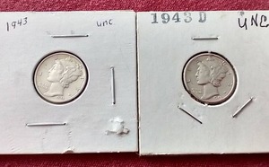 lot 212 image: (2) Uncirculated 1943 Mercury Dimes