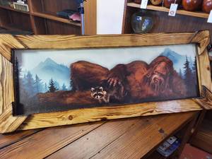 lot 111 image: Bigfoot with Raccoon canvas print or painting in a handcrafted rustic wooden frame