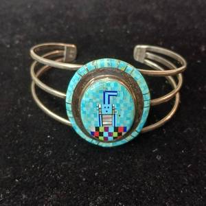 lot 408 image: 20.49g (including stonesinlay). Extreme Checkerboard Turquoise Inlay Zuni Navajo Native American Jewelry Silver Bracelet. .925 stamped PE.