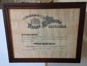 lot 254 image: Vintage framed diploma from Blue Earth High School in Minnesota, representing a piece of local history.